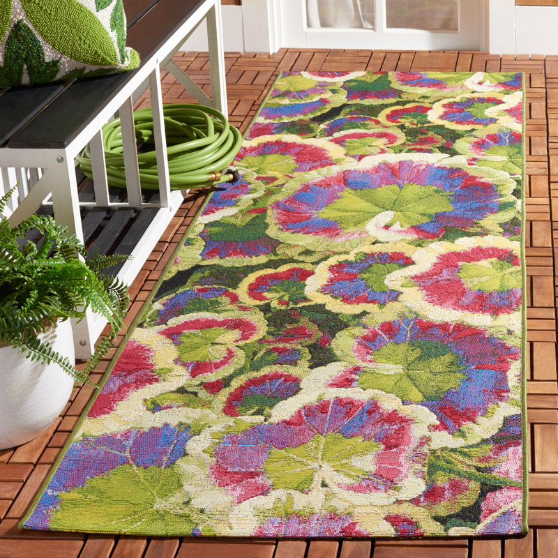 Tapis noir / vert / mauve en polypropylène tissé à la machine Arainna Makenize, Tapis de couloir 2 pi 8 po x 8 pi