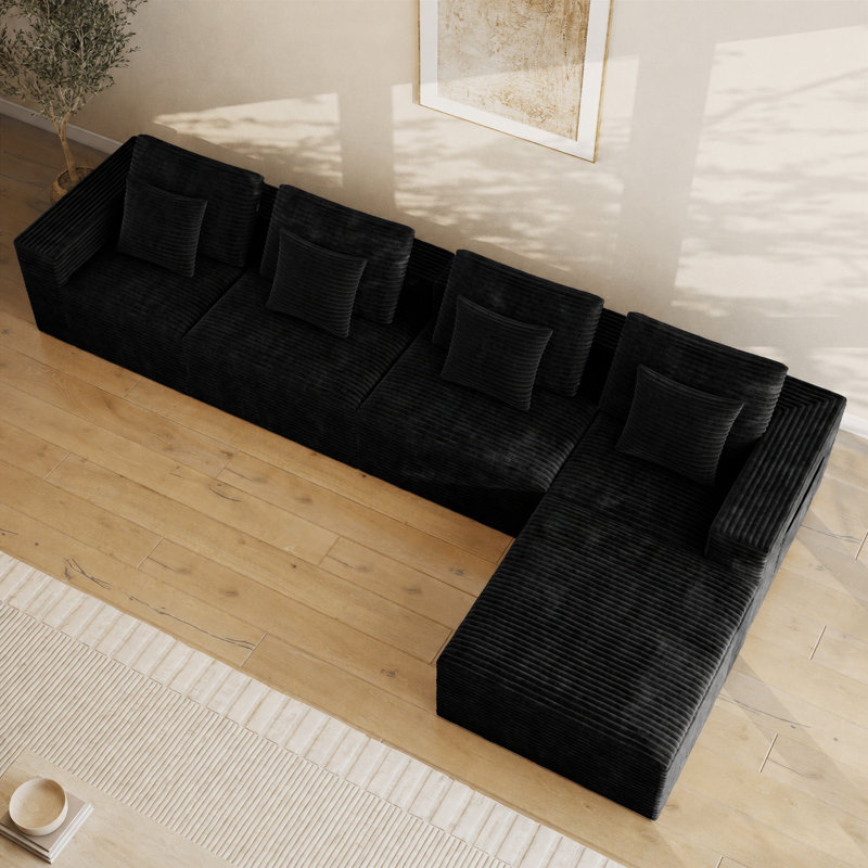 Canapé modulaire en forme de L 141,7 po avec méridienne en velours côtelé noir Abdou
