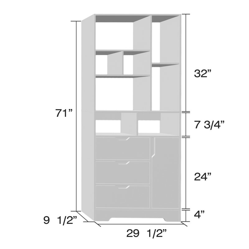 71" H X 29.5" W Storage Bookcase Cube Bookshelf with Display Shelves, Drawers and Doors, White