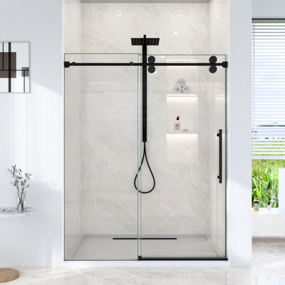 Porte de douche coulissante simple, l 44 à 48 po x H 76 po, verre trempé transparent de 5/16 po 8 mm, fini noir mat, 304 rouleaux en acier inoxydable, détachement, rail rond, double imperméable, porte de salle de bain de style contemporain
