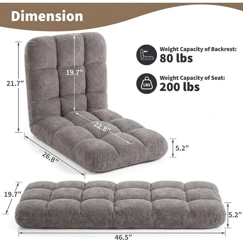 Chaise de plancher moelleuse réglable, canapé-lit pliant rembourré pour une utilisation dans la chambre à coucher, 53" W
