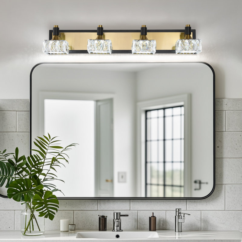 Luminaire de meuble-lavabo moderne noir et laiton avec abat-jour en cristal de luxe, 4 lumières