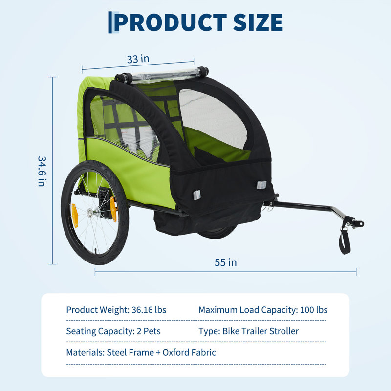 A 40 lb dog bike trailer for a single pet—5-point harness, folding frame, quick-release wheels, bug screen & weather shield, global coupler—green/black.