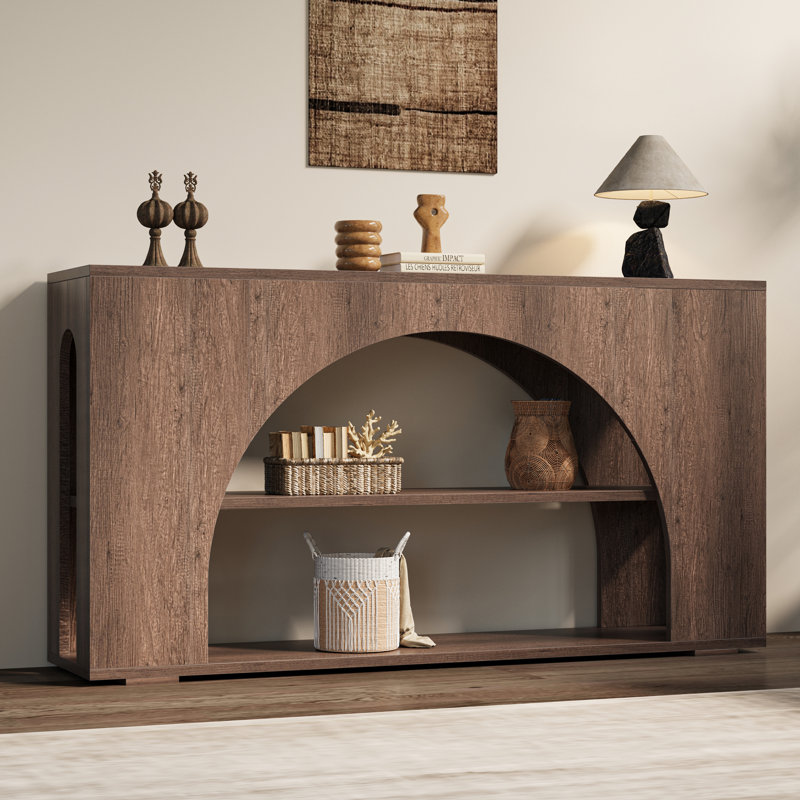55" Farmhouse Console Table with 3-Tier Storage, Wooden Entryway Sofa Table for Hallway, Living Room, Brown Oak