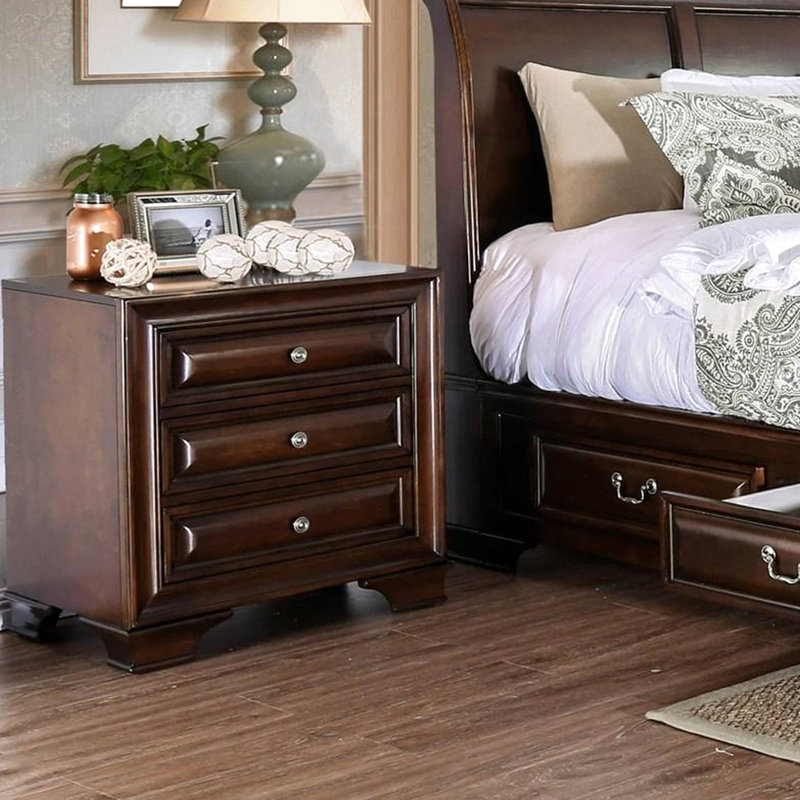 Table de chevet pour chambre à coucher avec 3 tiroirs profonds - Bois de cerisier brun et sous la veilleuse