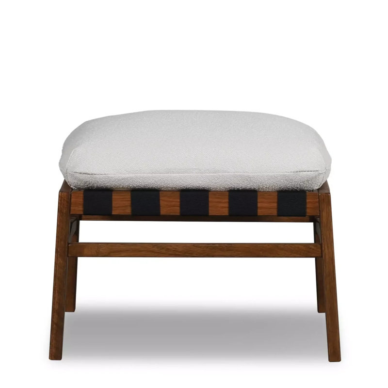 Mid Century Solid Wood Ottoman, Off-White Performance Boucle
