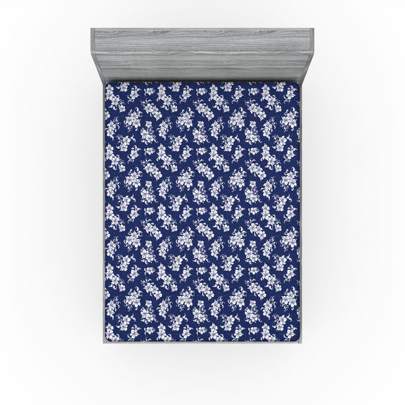 Ambesonne Nature Fitted Sheet Leaves Botanical Style Art, Full Fitted Sheet, Navy Blue/White Floral