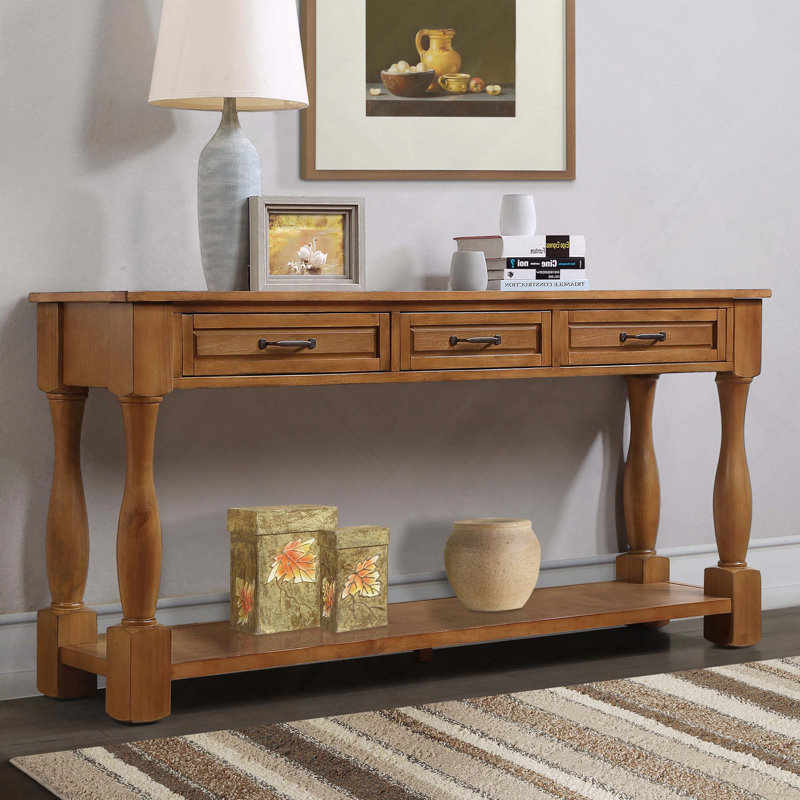 Longue console en bois avec 3 tiroirs et 1 tablette inférieure, Brun