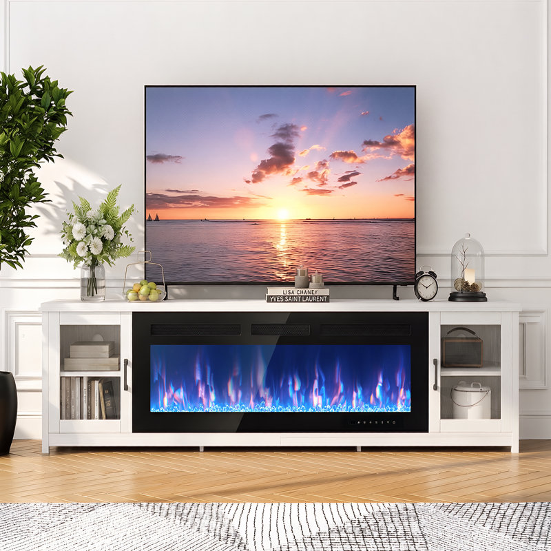 80"TV Stand With 50" Smart Wi-Fi Electric Fireplace, Entertainment Center Fits TVs Up to 90", Adjustable Shelves & Glass Doors