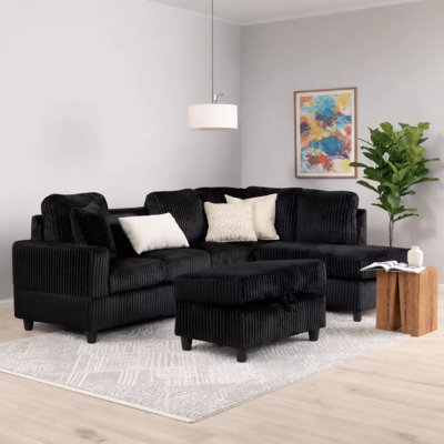Modern Black L-Shaped Sectional Sofa, Contemporary Upholstered Living Room Couch, Deep Comfortable Seating, Supportive Back Cushions