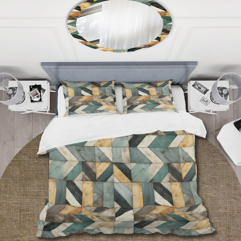 Natural Tones Grey And Beige Mosaic Geometric Shapes Duvet Cover, King Duvet Cover + 2 Shams, Geometric Shapes 30