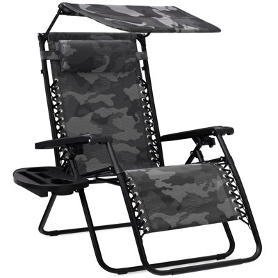 Folding Recliner w/Adjustable Canopy Shade, Headrest, Side Accessory Tray by Arlmont & Co.