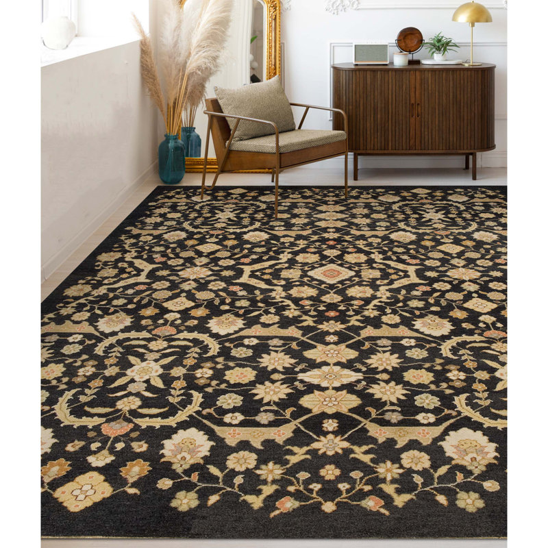 Hand-Knotted Black Wool Oriental Rectangular Rug 9' x 12'