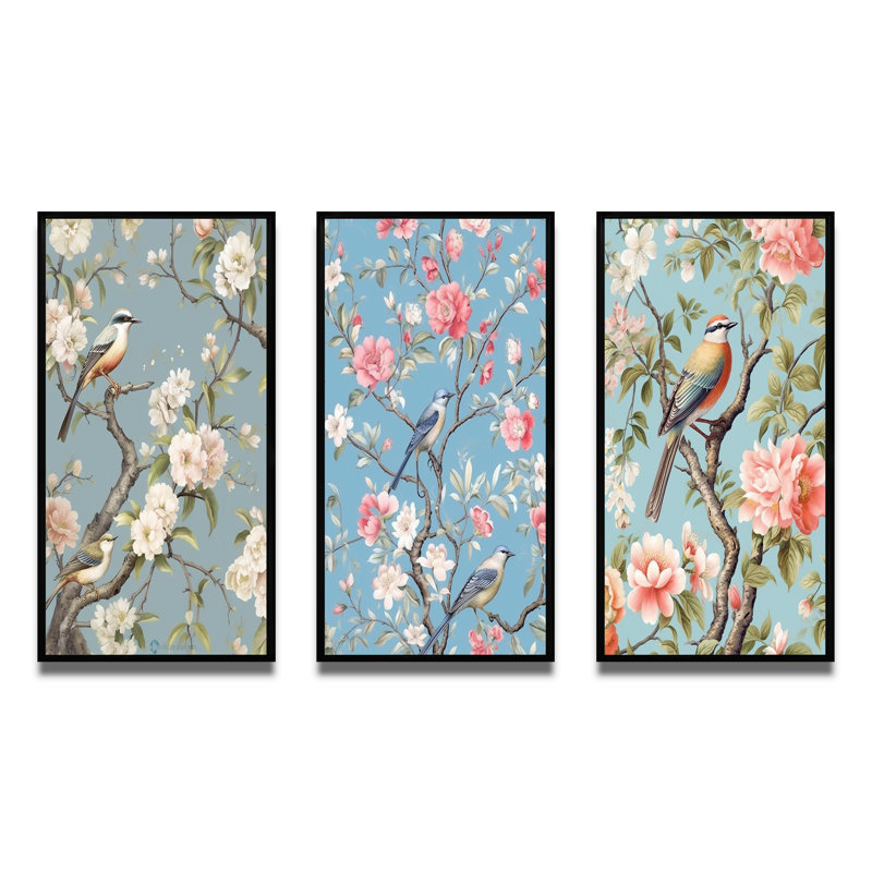 «Chinoiserie avec oiseaux et pivoines», 3 pièces sur toile, Cadre flottant noir, H 28 po x l 36 po