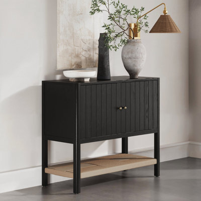 Wood Accent Cabinet With Open Seagrass Storage