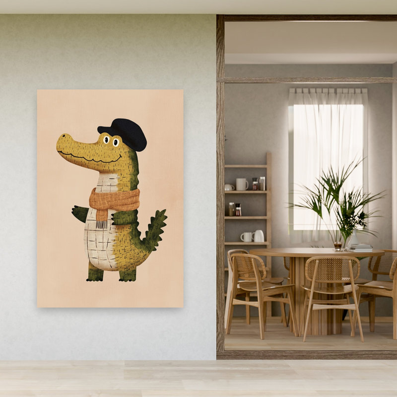 Whimsical Alligator In Beret Contemporary Alligator Crocodile Wall Art Print by Mathieu - Wrapped Canvas Print