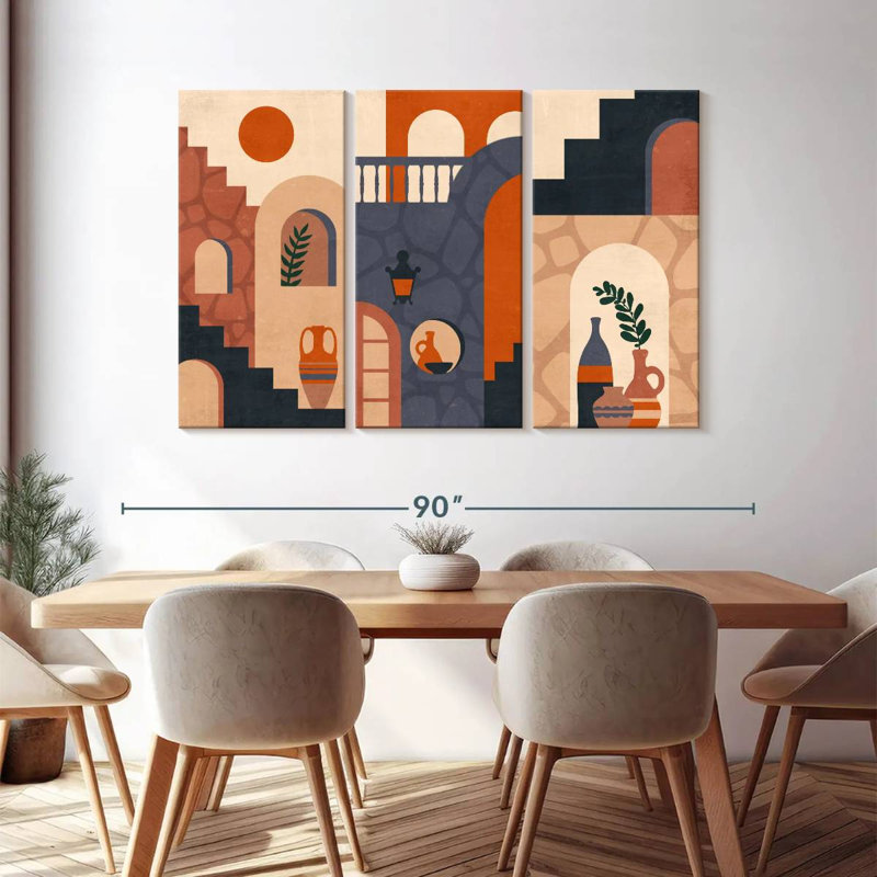 Abstrait architecture Mid-Century sur toile 3 pièces, H 48 po x l 74 po x P 1,25 po