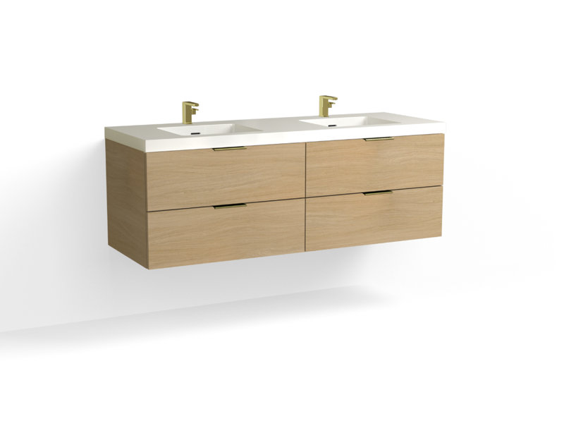 Avila 60" W Wall Mounted Double Bathroom Vanity, Matte White/Single, Nocino, Satin Brass
