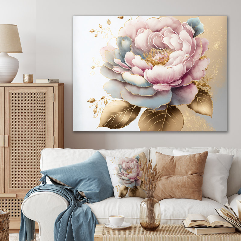 Fleur de camélia rose et doré I - décoration murale florale et botanique en métal, H 16 po x l 32 po x P 1 po