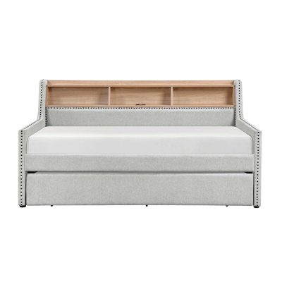 1Pc Daybed With Pull-Out Trundle Bookcase Side Panel Charging Ports Nailhead Trim Modern Design Furniture
