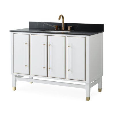 Meuble-lavabo moderne autoportant Tennant Brand 48 pouces, blanc Bertone, lavabo simple, comptoir en pierre frittée noire, entièrement assemblé
