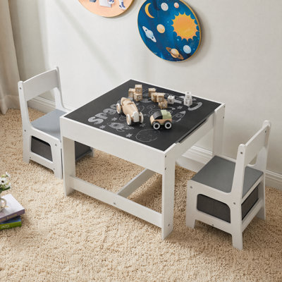 Ensemble table et 2 chaises pour enfants, table d'activités pour tout-petits avec plateau tableau noir et rangement, table de jeu en bois pour dessiner, lire, prendre la collation, salle de jeux et chambre