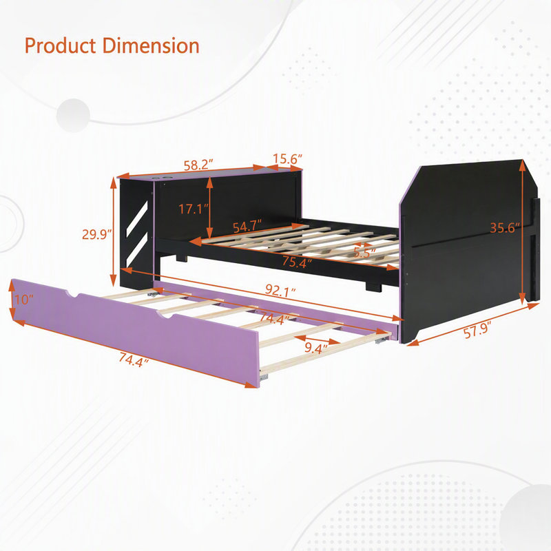 Lit de jour en bois pleine grandeur avec lit gigogne simple, bureau et USB, noir et mauve