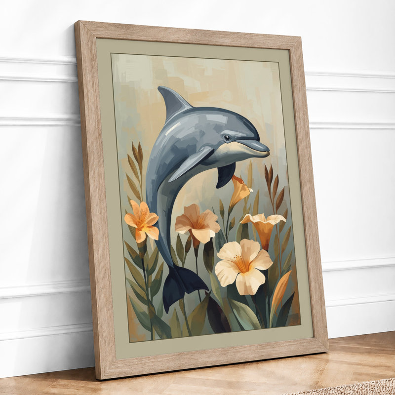 Leaping Dolphin with Poppies Coastal - Framed Print, A4 - 29.7 x 21.0 cm, Oak