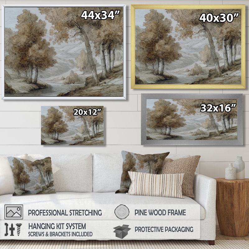 Érable sur la campagne anglaise, art mural sur toile campagne, H 24 po x l 32 po, Cadre flottant, Brun