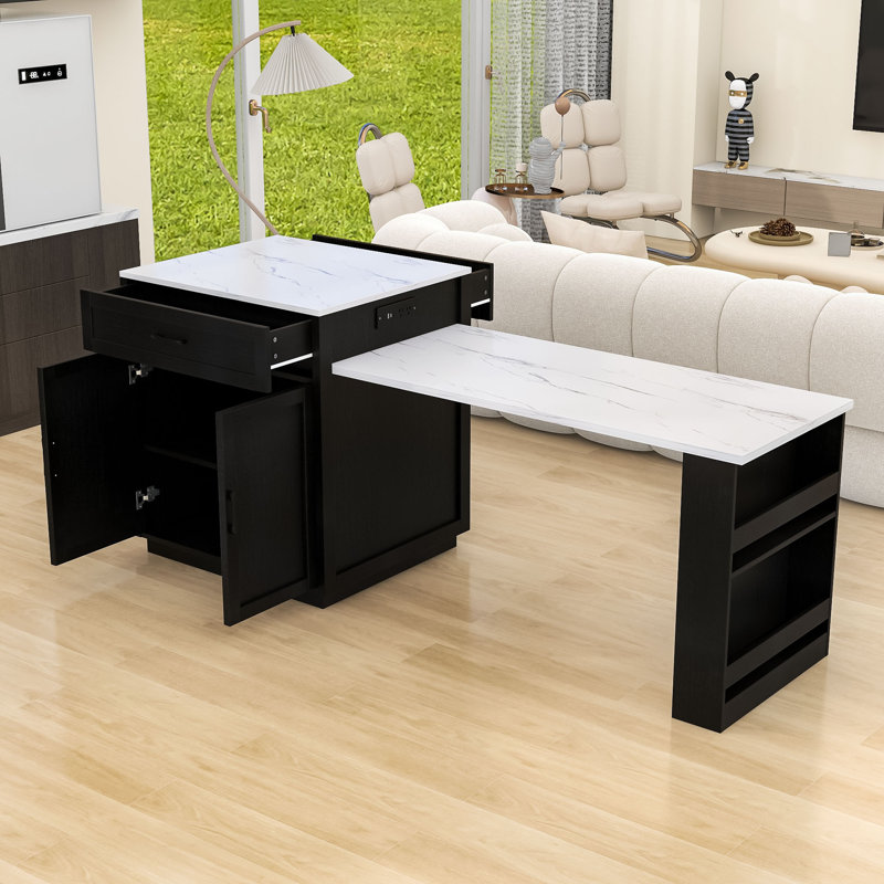 Elegant Multi-functional Kitchen Island with Extendable Dining Table, Dual Storage, and Power Outlets, Black
