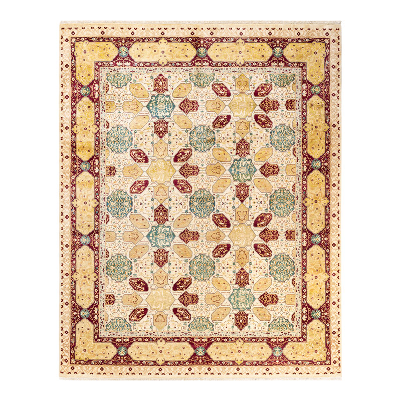 Tapis ivoire / rouge noué à la main de conception unique 8 pi 1 po x 10 pi 3 po Keenan