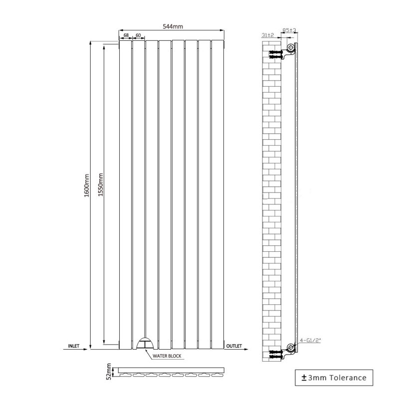 Shonnard Vertical Single Flat Panel Radiator, Chrome, 160cm H x 54.4cm W