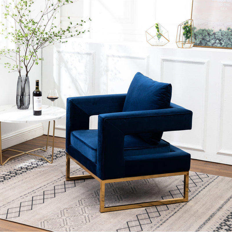 Fauteuil bleu luxueux - revêtu de velours fin, de structure métallique, carré, avec accoudoirs confortables pour une détente