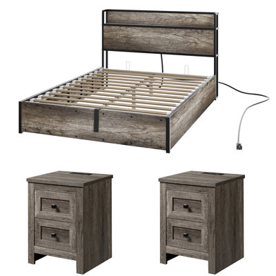 Ensemble de chambre à coucher complète rustique et de ferme 3 pièces Tryston, gris