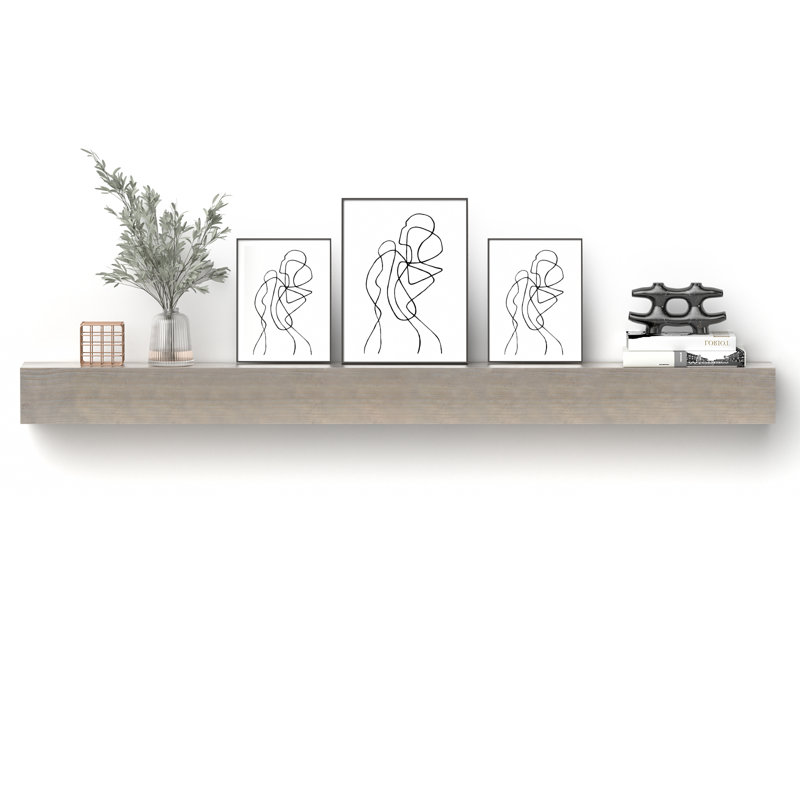 80'' W Hand Carved Solid Pine Wood Mantel, Wall Mounted Wooden Display Shelfing, Serene Horizon