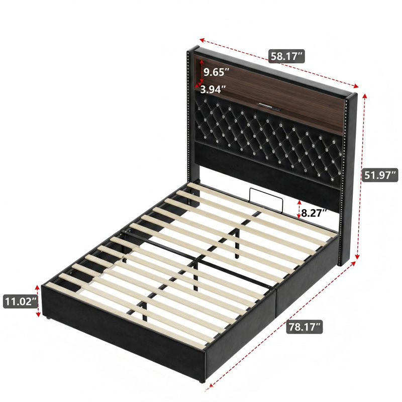 Cadre de lit noir capitonné en velours pleine grandeur noir avec port USB et veilleuse, tête de lit haute de 52 po avec décoration à rivets, lit plateforme à oreilles avec tablette de tête de lit