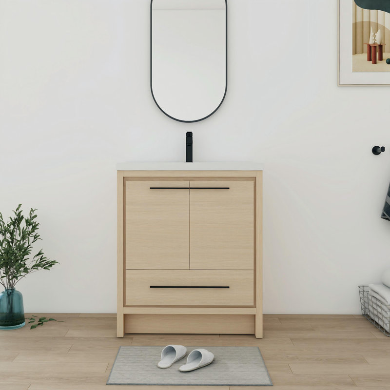 Meuble-lavabo sur pied simple 30 po avec plateau en résine, 2 portes et 1 tiroir, 30"