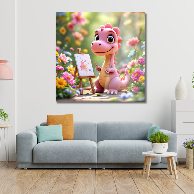 Art mural en verre trempé bébé dinosaure, H 30 po x l 30 po