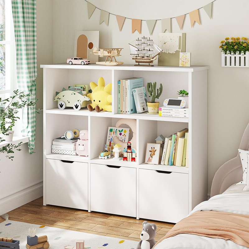 Organisateur de jouets pour enfants avec 3 tiroirs coulissants et 5 casiers ouverts, unité de rangement mobile avec roues cachées pour salle de jeux - blanc
