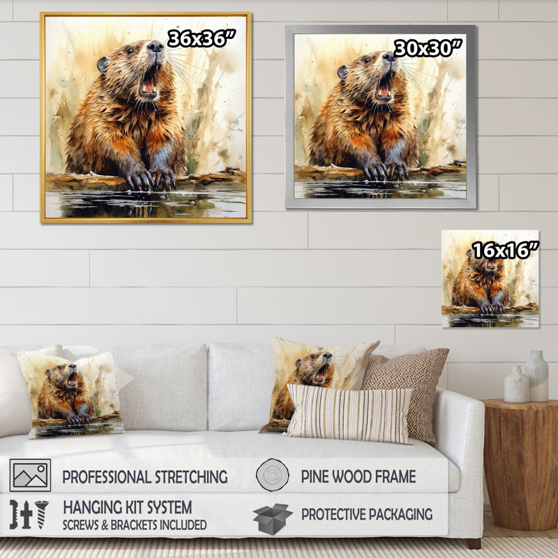 «Cute Beaver II», reproduction d'art sur toile, Cadre doré à une seule photo, H 16 po x l 16 po x P 1 po