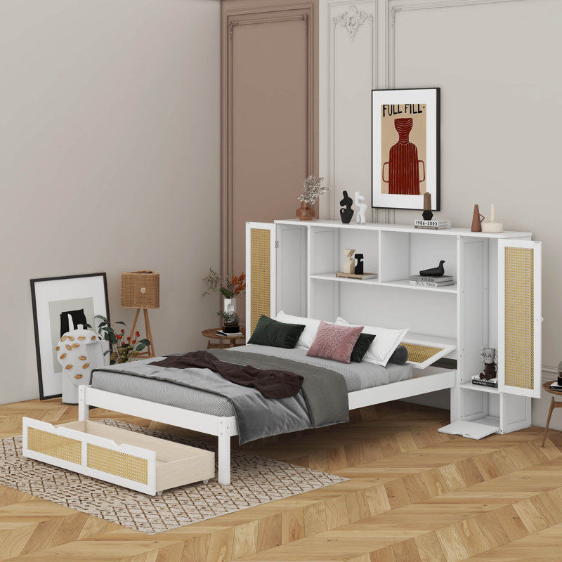 Lit simple en bois avec deux casiers de rangement, un tiroir et une tablette de rangement sur la tête de lit, Blanc