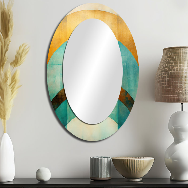 Emerald And Golden Arches III - Modern Oval Wall Mirror, 36" x 24"