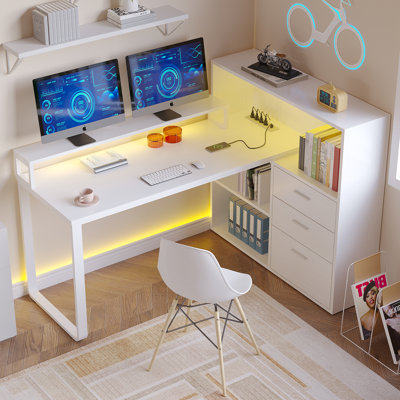 L Shaped Desk With Bookshelf and Drawer, Corner Desk with LED Lights