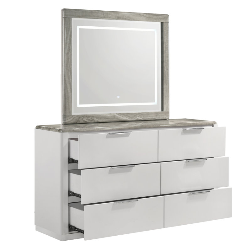 Collection de chambre à coucher grand luxe Monaco avec finition blanche ultrabrillante, accents de marbre gris et éclairage à DEL intégré