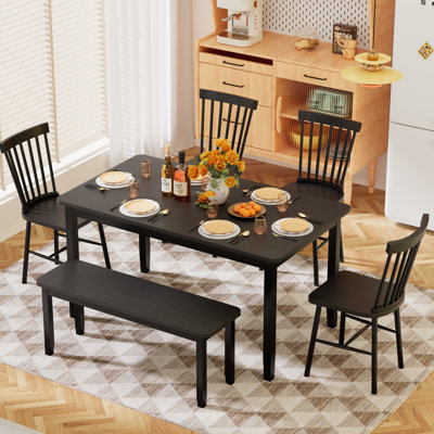 Solid Wood 6-piece Dining Table Set, Modern 58" Wide With 4 Chairs And 1 Bench For Kitchen And Dining Room