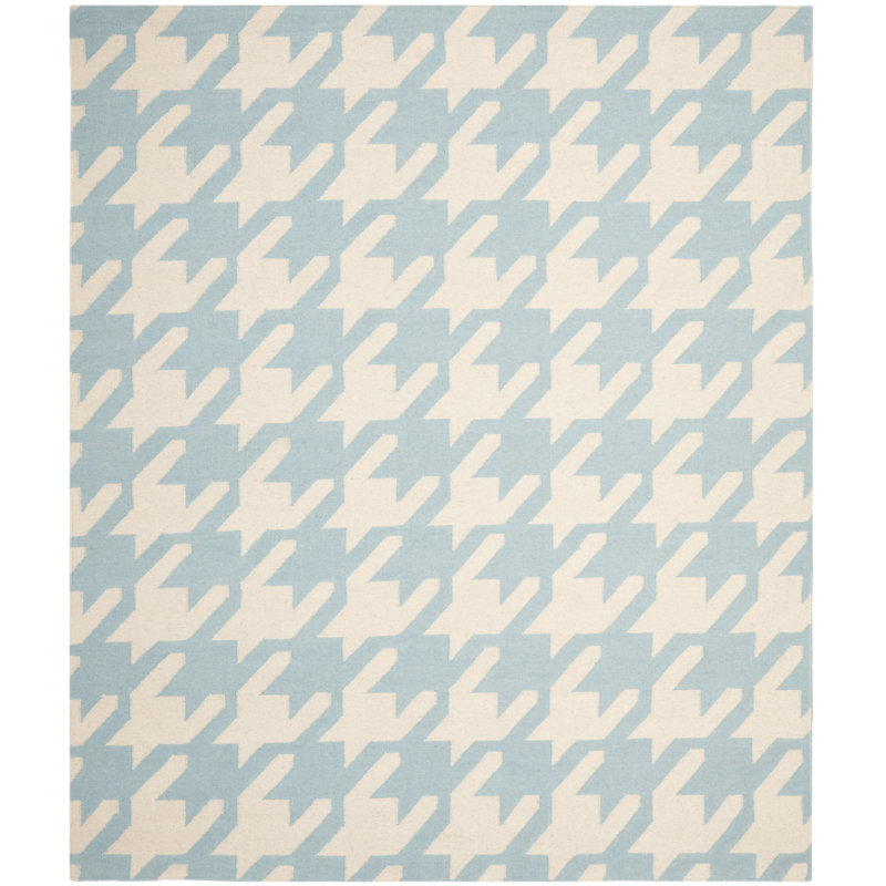 Mccall Hand Woven Flat Weave Wool/Cotton Houndstooth Rug in Light Blue/Ivory, Rectangle 8' x 10'