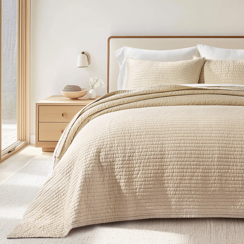 Ensemble de courtepointe en coton et satin, Courtepointe pour lit grand + deux taies décorati, Sable pâle
