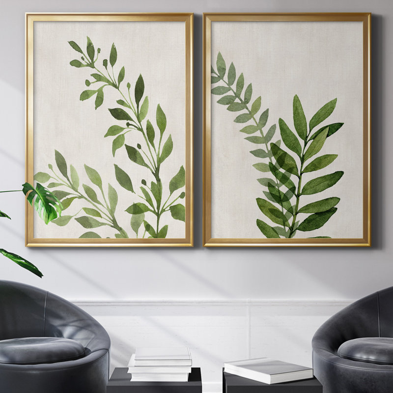 «Botanical Wash I», ensemble de 2 reproductions d'art sur toiles, H 26,5 po x l 73 po x P 1,5 po, Toile avec cadre doré