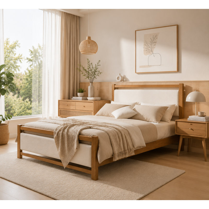 Grand lit plateforme tapissier, lin crème, Queen, Cream