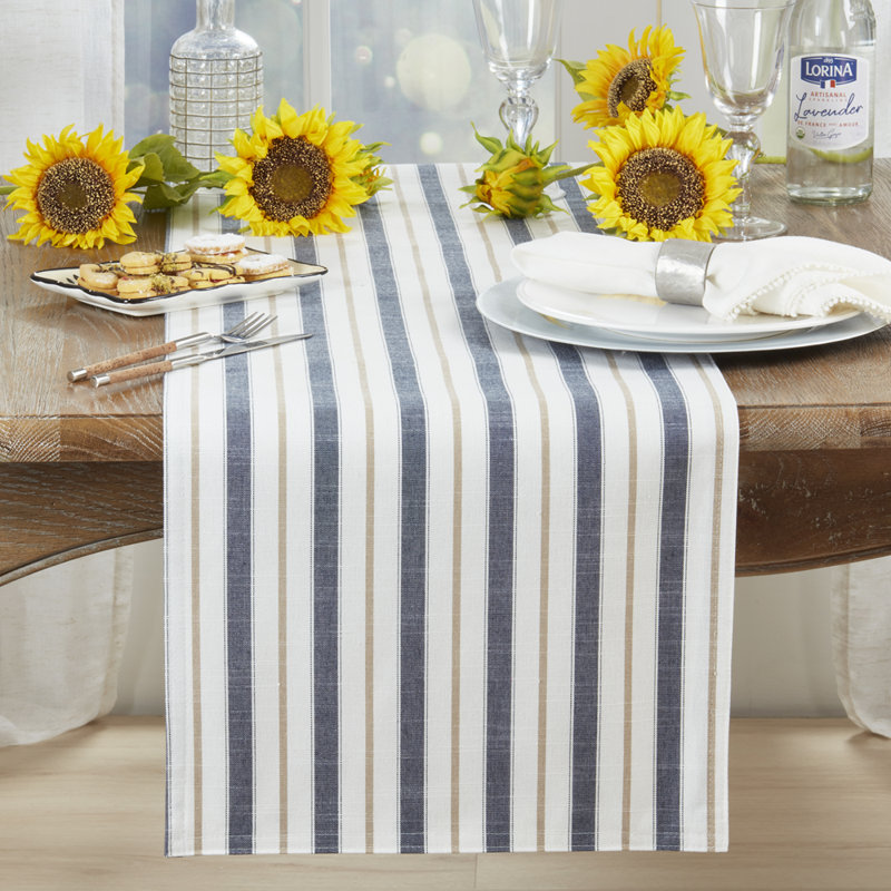 Blue Striped Design Linen Blend Table Runner, 120" L x 16" W